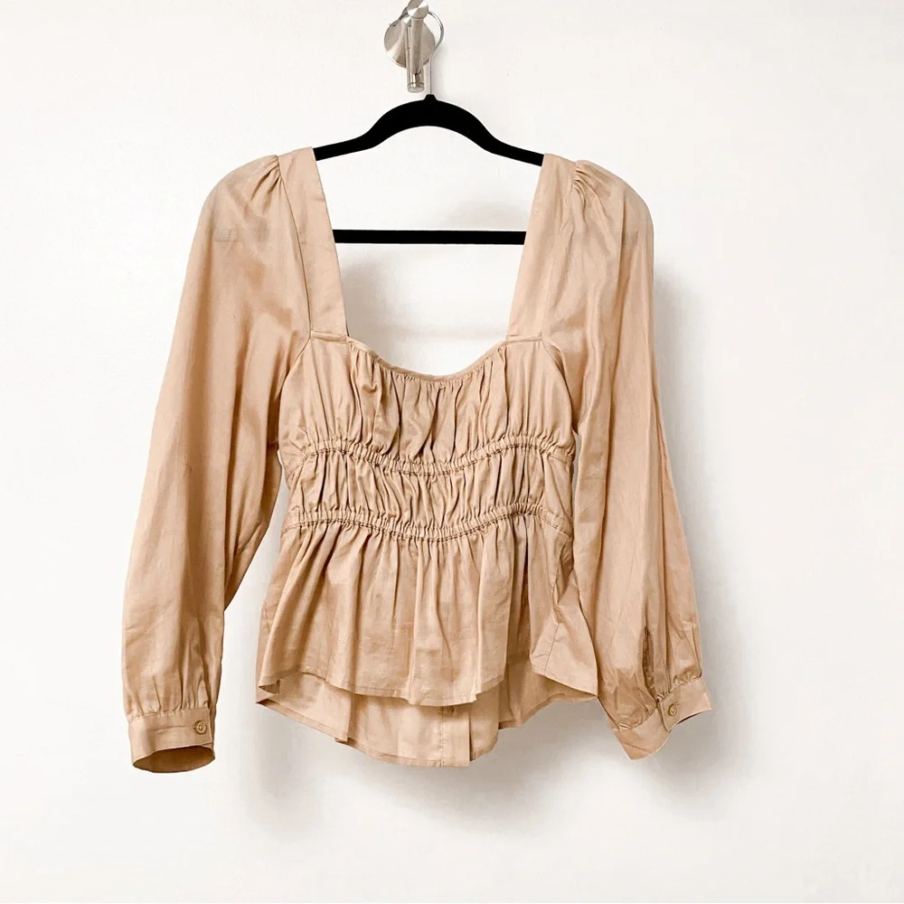 J. Crew Spring Chic Cinched Waist Top in Herringbone Cotton in Almond Biscotti‎